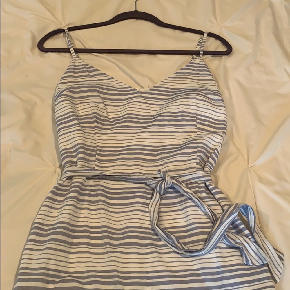 White and light blue striped romper
